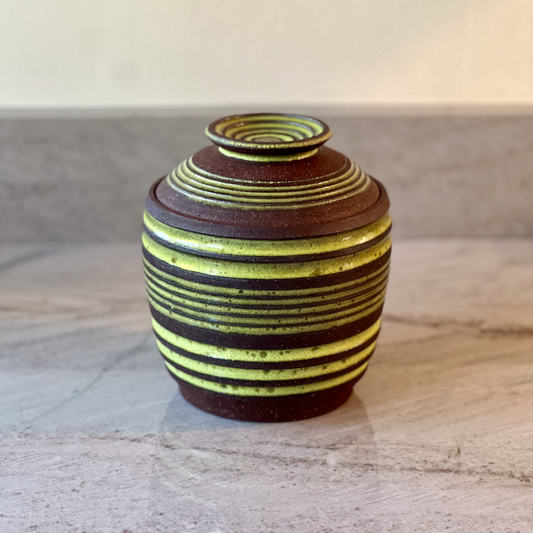 Large Dark Red Clay Jar, Striped Opal Green Glaze