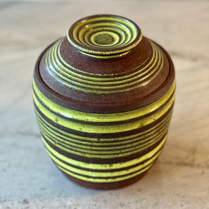 Large Dark Red Clay Jar, Striped Opal Green Glaze