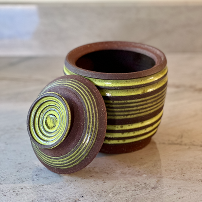 Large Dark Red Clay Jar, Striped Opal Green Glaze