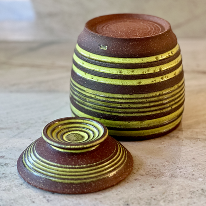 Large Dark Red Clay Jar, Striped Opal Green Glaze