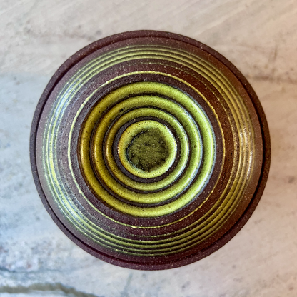 Large Dark Red Clay Jar, Striped Opal Green Glaze