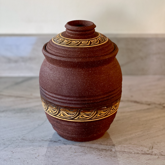 Large Dark Red Clay Jar, Burnt Orange and Maroon Slip Detail