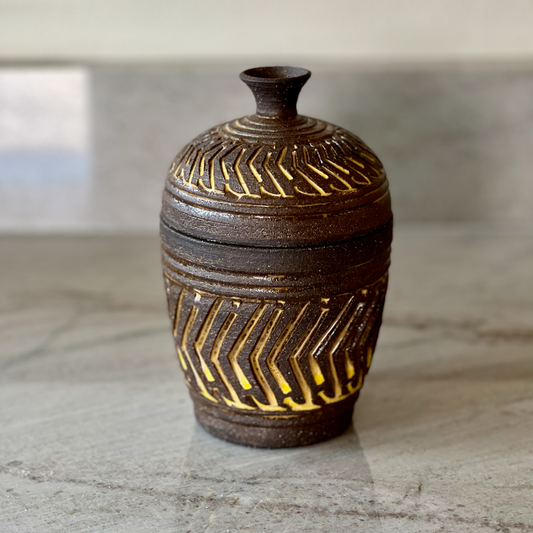 Medium Dark Clay Jar, Zig Zag Grooves with Yellow Glaze