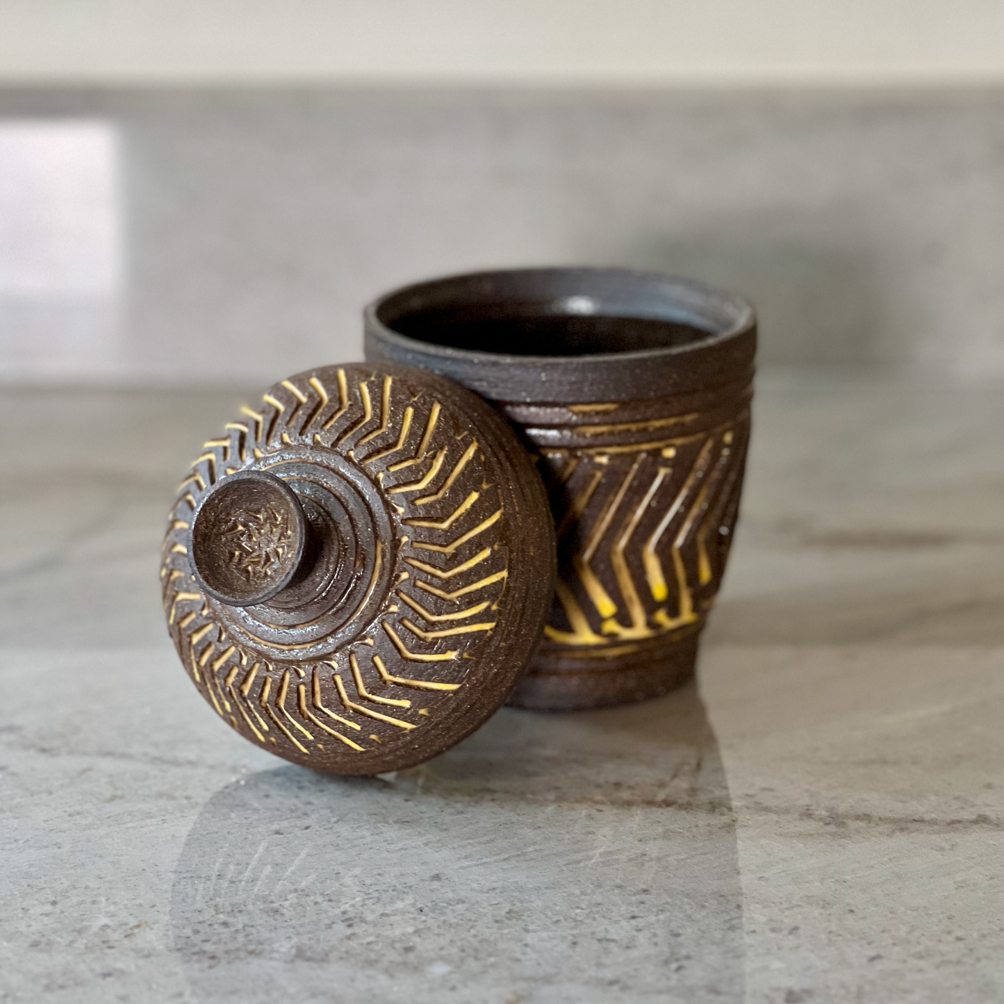 Medium Dark Clay Jar, Zig Zag Grooves with Yellow Glaze
