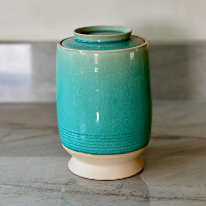 Large White Clay Jar, Translucent Blue Glaze