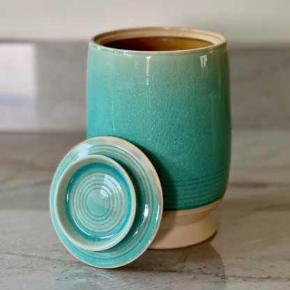 Large White Clay Jar, Translucent Blue Glaze