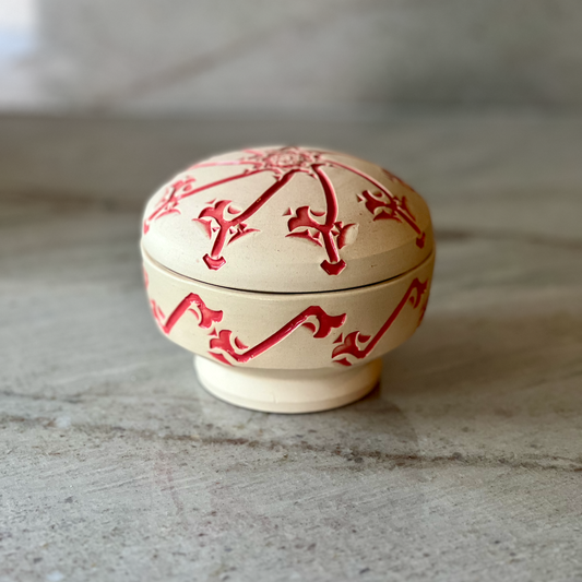 Small White Clay Jar, Detailed Coral Red Glaze Decoration