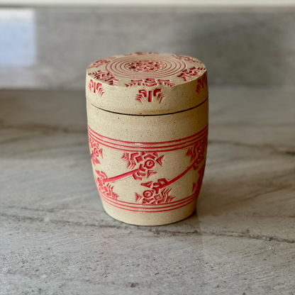 Large Speckled Clay Jar, Detailed Coral Red Glaze Decoration