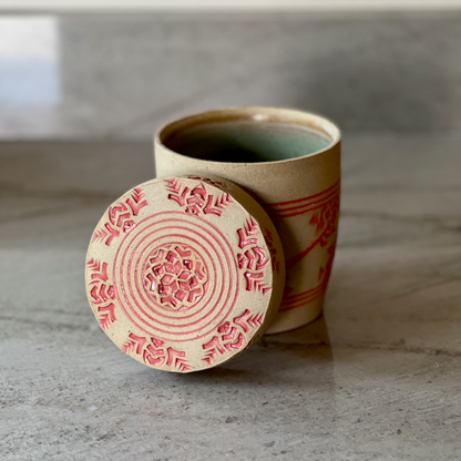 Large Speckled Clay Jar, Detailed Coral Red Glaze Decoration