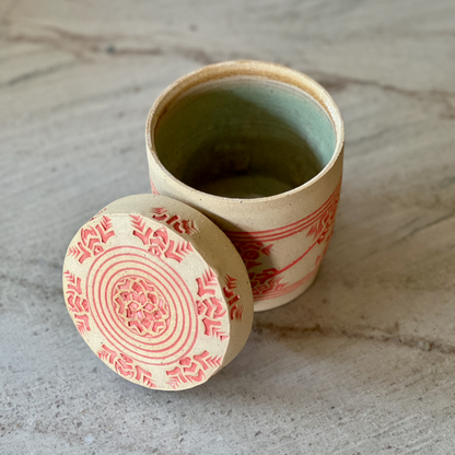 Large Speckled Clay Jar, Detailed Coral Red Glaze Decoration