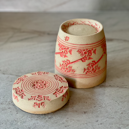 Large Speckled Clay Jar, Detailed Coral Red Glaze Decoration