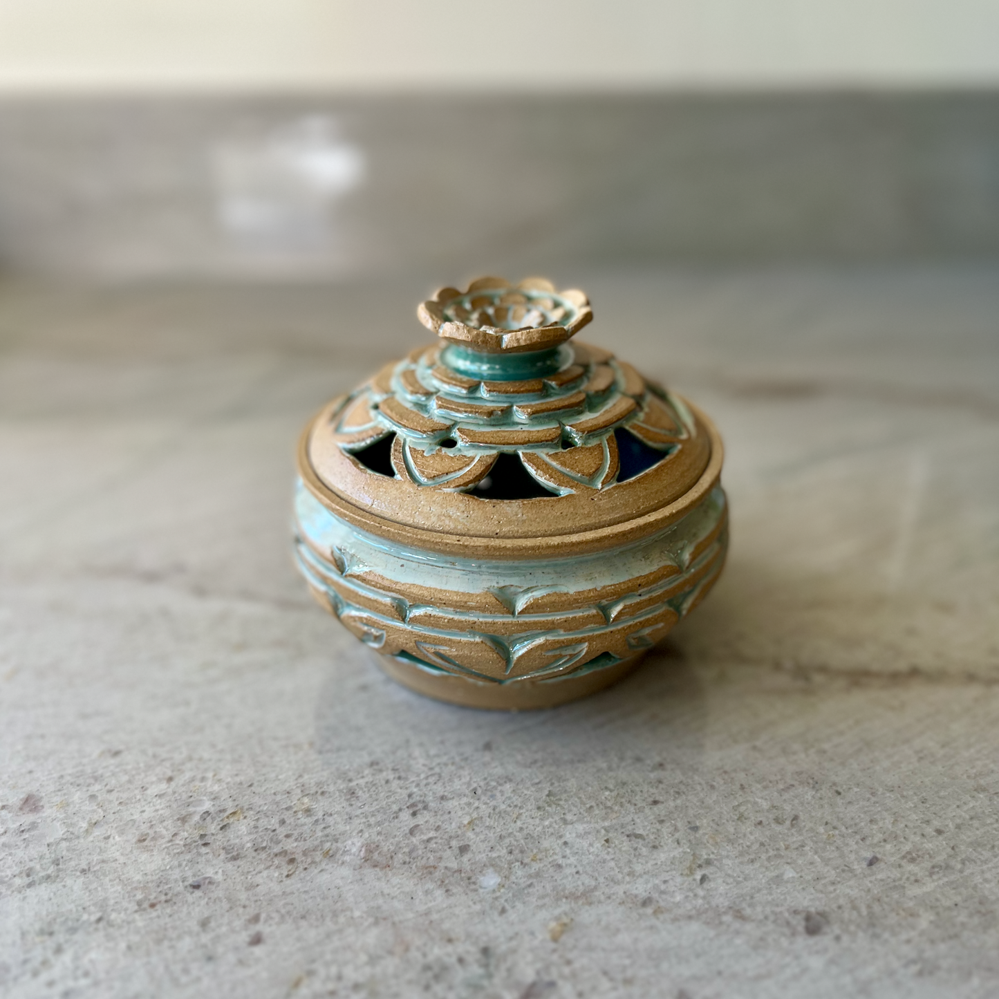 Medium Incense Jar, Sandy Clay and Green Glaze