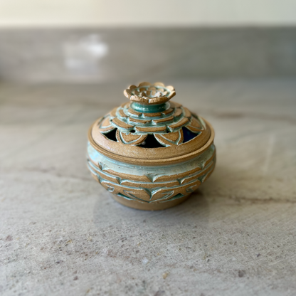 Medium Incense Jar, Sandy Clay and Green Glaze
