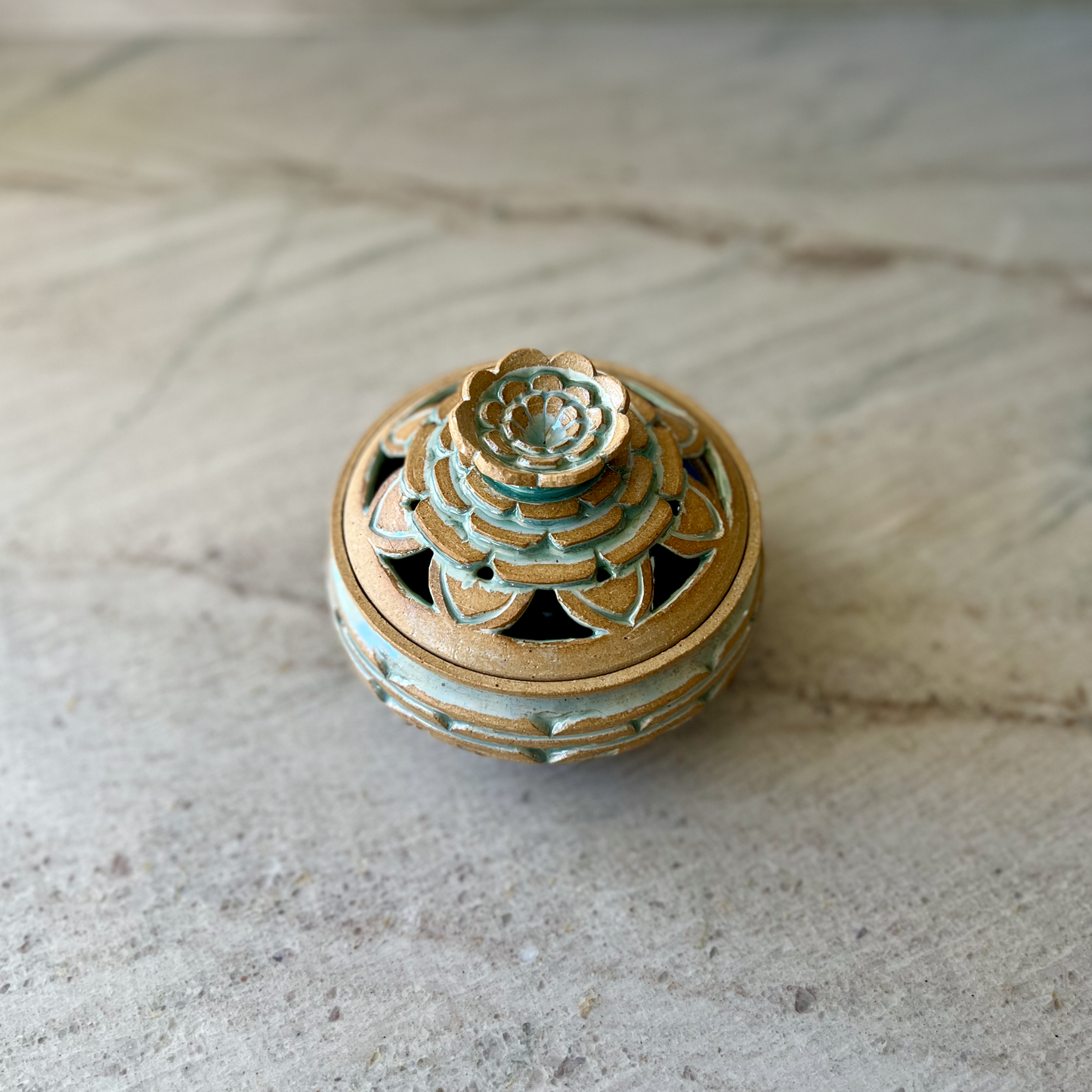 Medium Incense Jar, Sandy Clay and Green Glaze