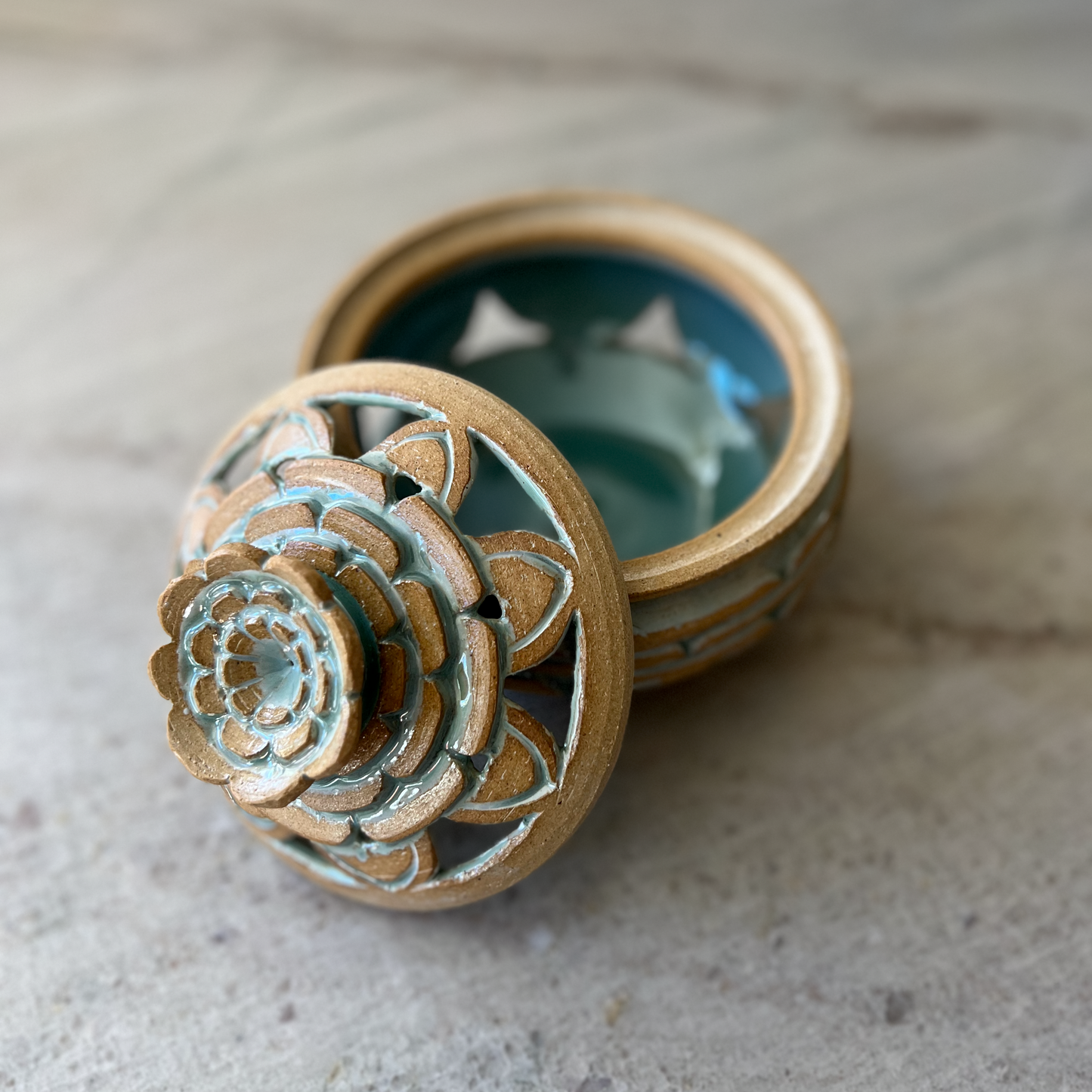 Medium Incense Jar, Sandy Clay and Green Glaze