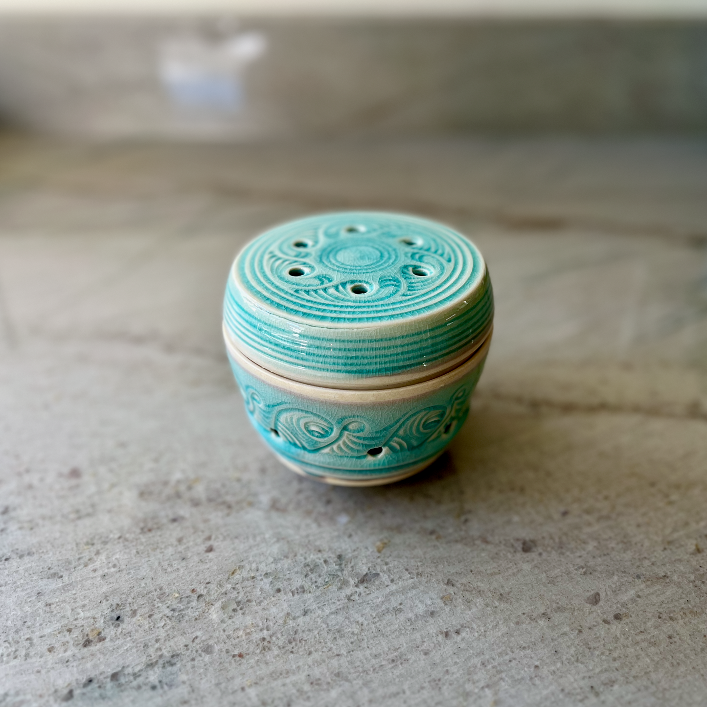 Medium Incense Jar, Porcelain and Blue Glaze