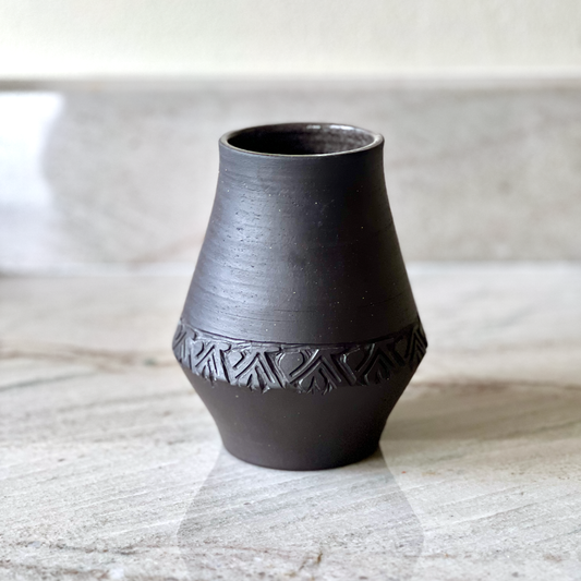 Small Black Clay Vase, Bare Clay with Basic Carving