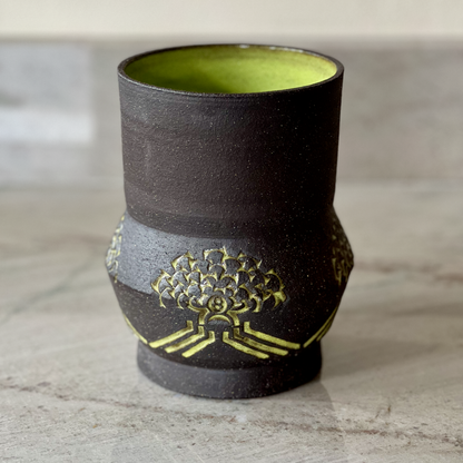 Medium Black Gritty Clay Vase, Opal Green Glaze and Bare Clay
