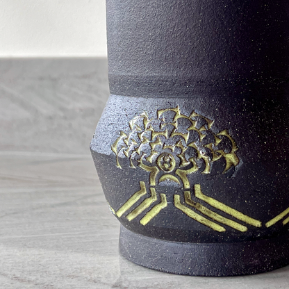 Medium Black Gritty Clay Vase, Opal Green Glaze and Bare Clay