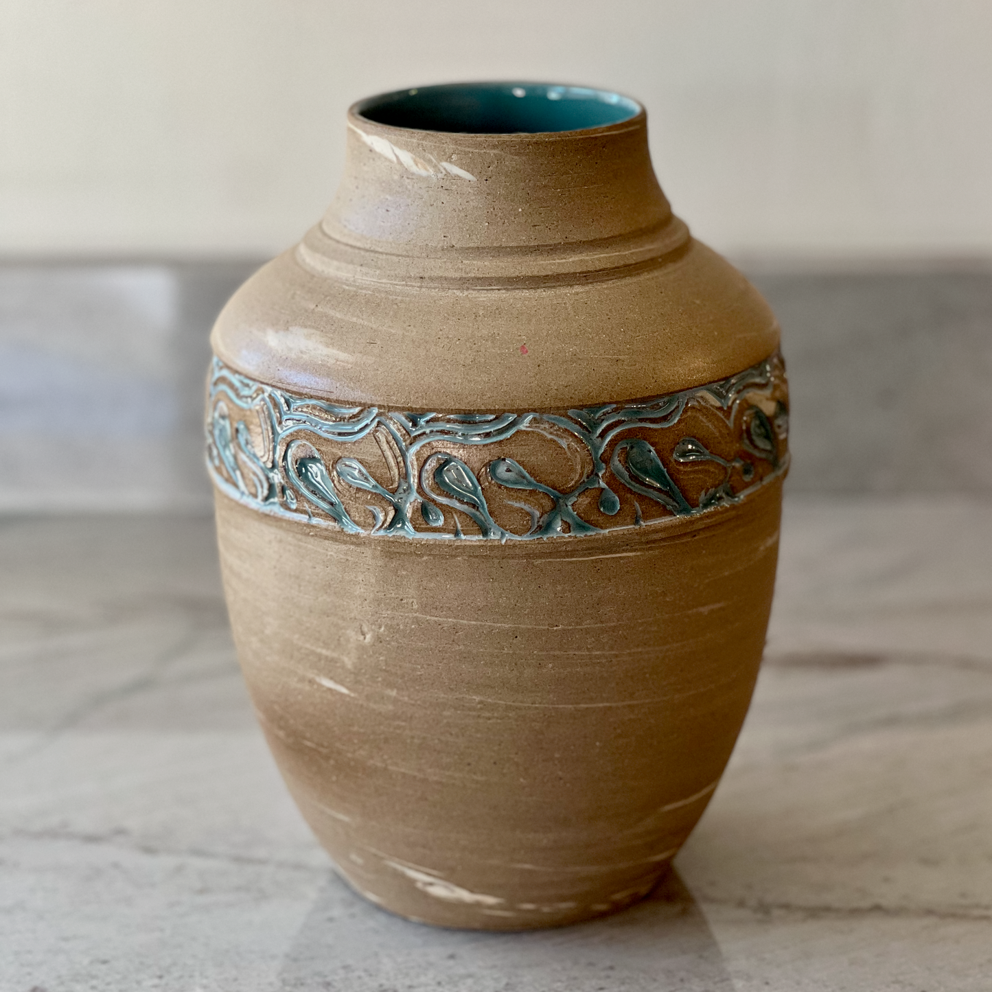 Marbled Stoneware Vase, Blue Green Glaze