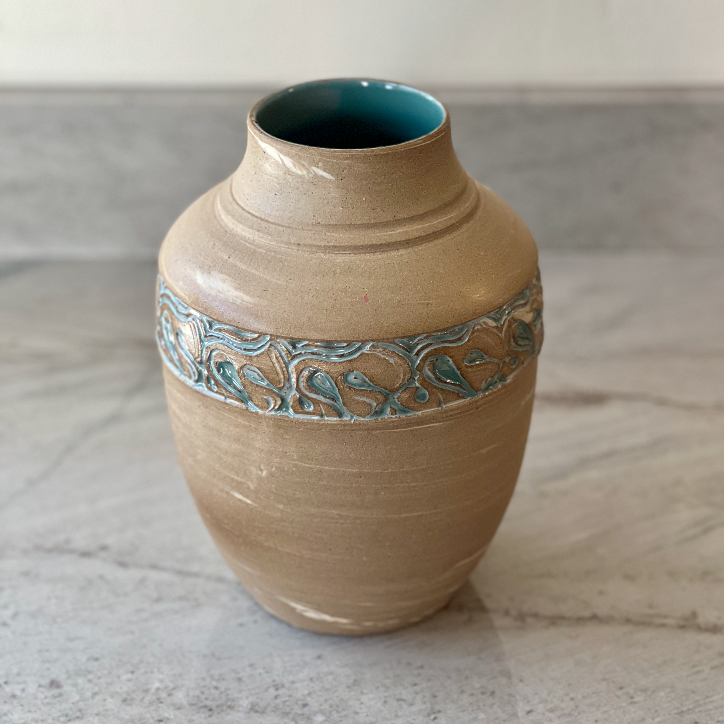 Marbled Stoneware Vase, Blue Green Glaze